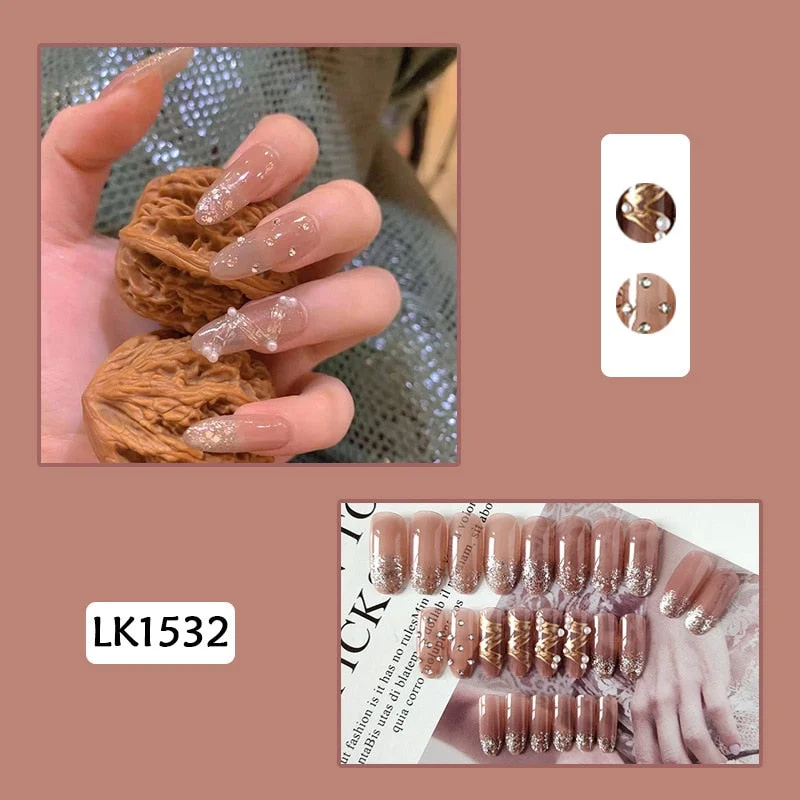 24pcs Pearl Wear Long Paragraph Fashion Manicure Patch False Nails Save Time Wearable Jelly Nail Patch TY-Nail Inspo
