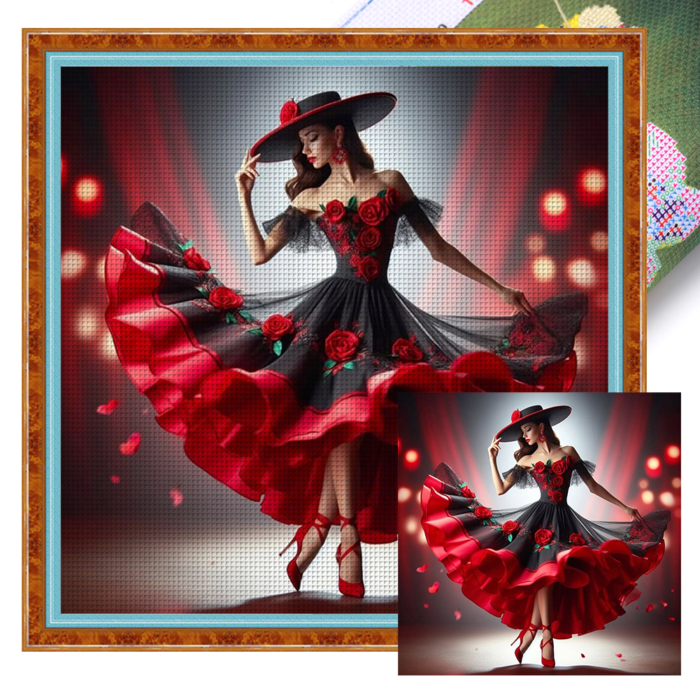 Girl With A Rose Skirt Full 11CT Pre-stamped Canvas(45*45cm) Cross Stitch