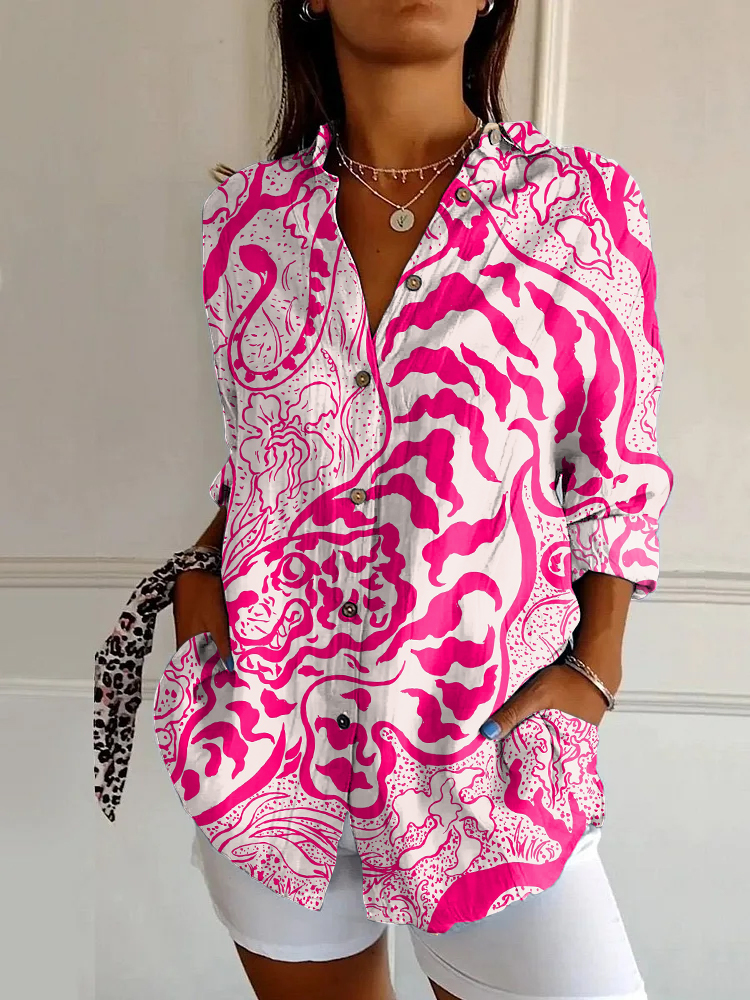 Pink Leopard Print Casual Long Sleeve Shirt