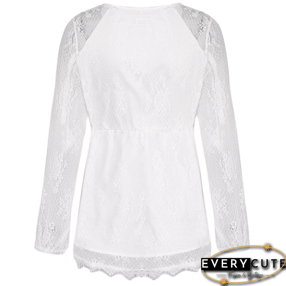 White Lace V Neck Long Sleeve Blouse