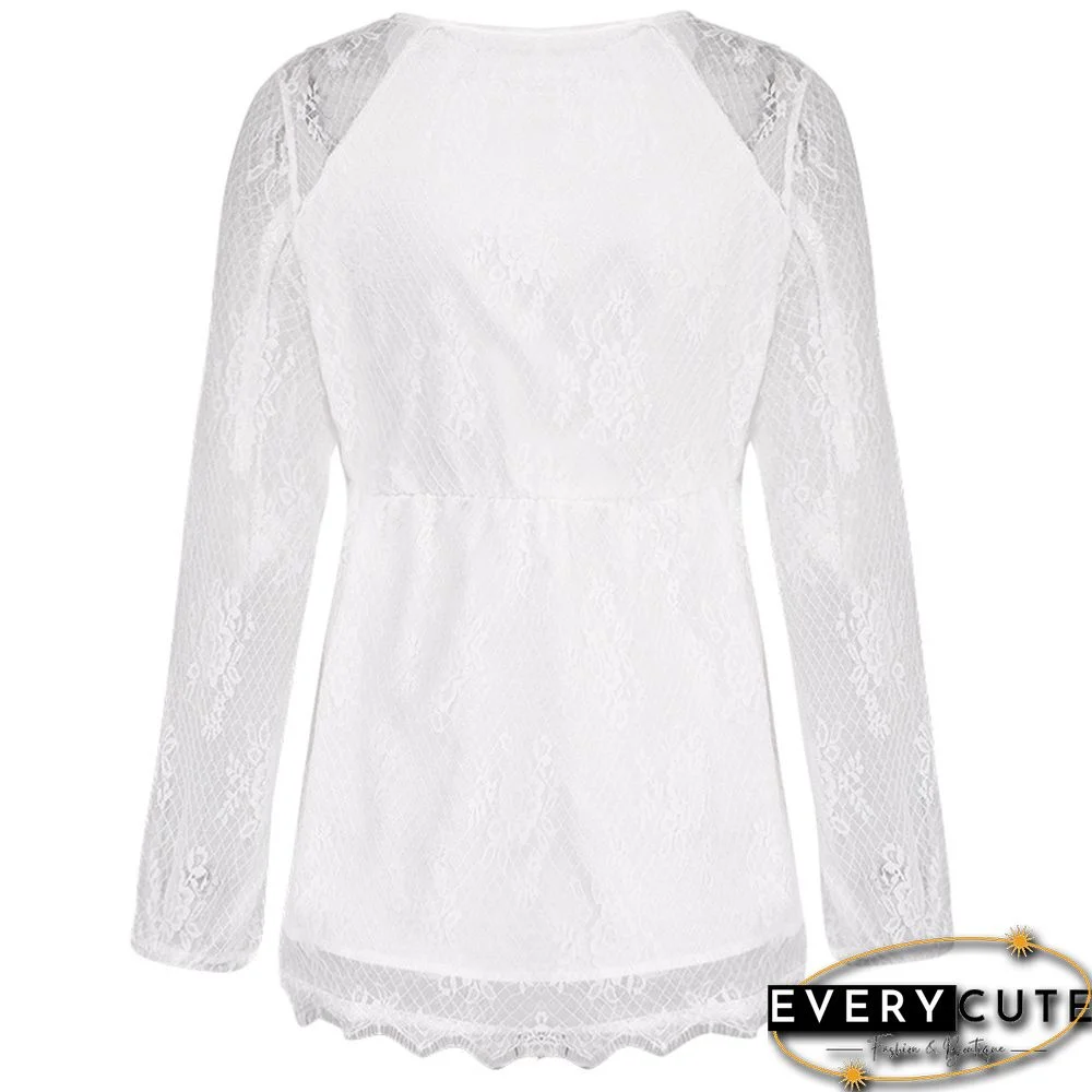 White Lace V Neck Long Sleeve Blouse