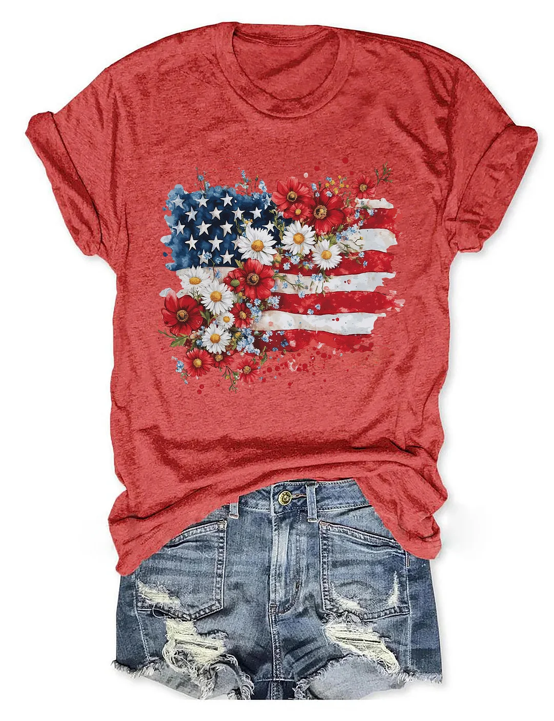 Floral American Flag 4th Of July T-shirt