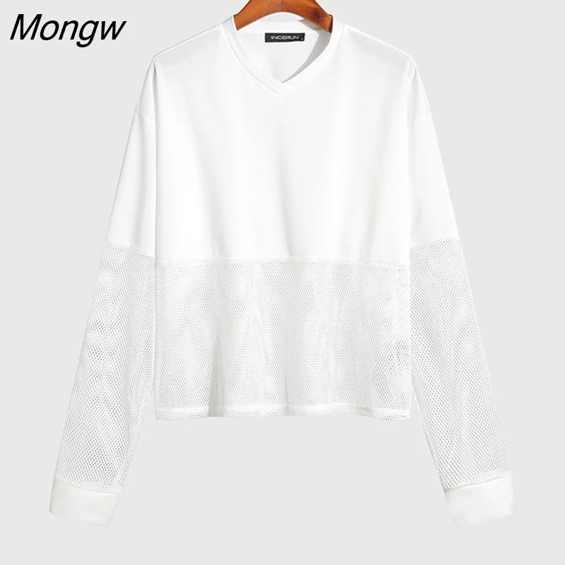 Mongw Men T Shirt Mesh Patchwork See Through V Neck Long Sleeve Fashion Tee Tops 2023 Streetwear Loose Casual Camisetas S-5XL