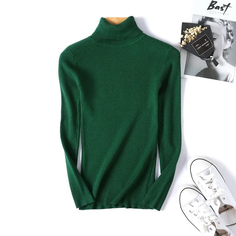 Women Autumn Winter Casual Long Sleeve Turtleneck Knitted Sweater Korean Harajuku Solid Slim Pullover White Pink Jumpers New