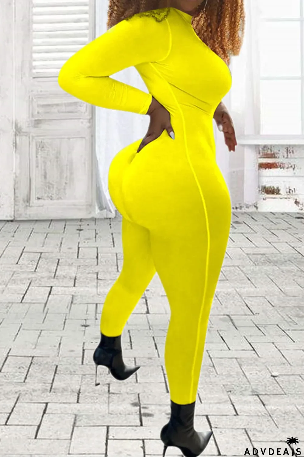 Yellow Fashion Solid Polyester Long Sleeve Jumpsuits