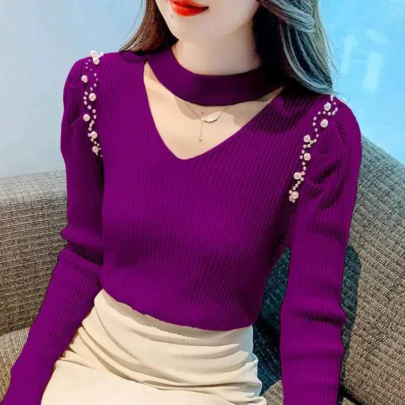 Wongn Spliced Folds Beading Puff Sleeve Blouses Women's Clothing 2023 Autumn Loose All-match Tops Knitted Office Lady Shirts