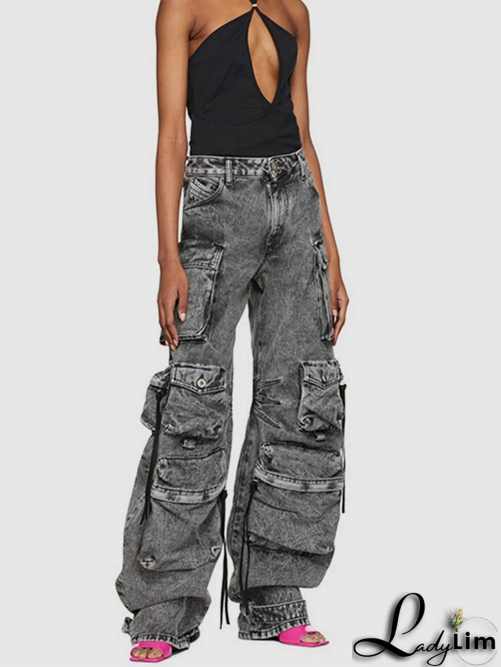 Casual Denim Cargo Pockets Design Wide Leg Jeans