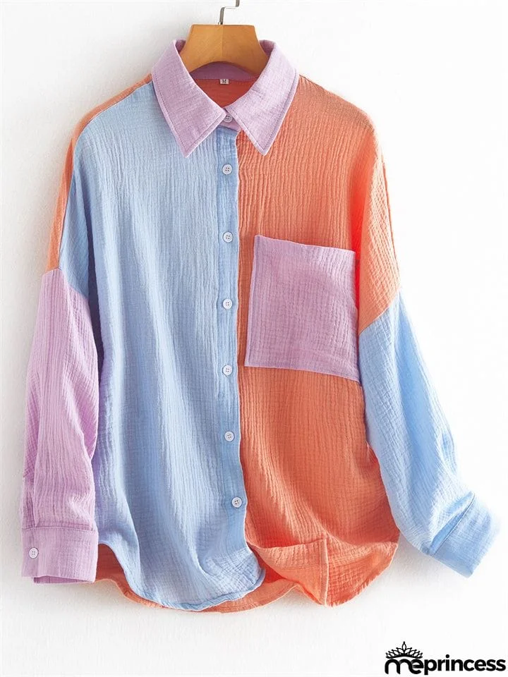 Vibrant Women's Contrast Color Lapel Long Sleeve Button Down Shirt