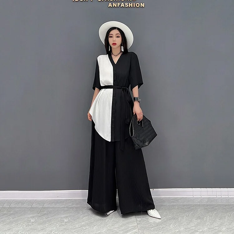 Temperament Contrast Color V-neck Lace-up Top And Wide Leg Straight Pants Two Pieces Set      