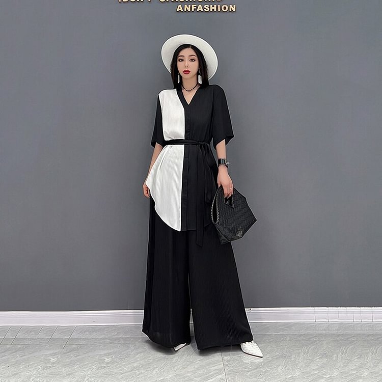 Temperament Contrast Color V-neck Lace-up Top And Wide Leg Straight Pants Two Pieces Set      