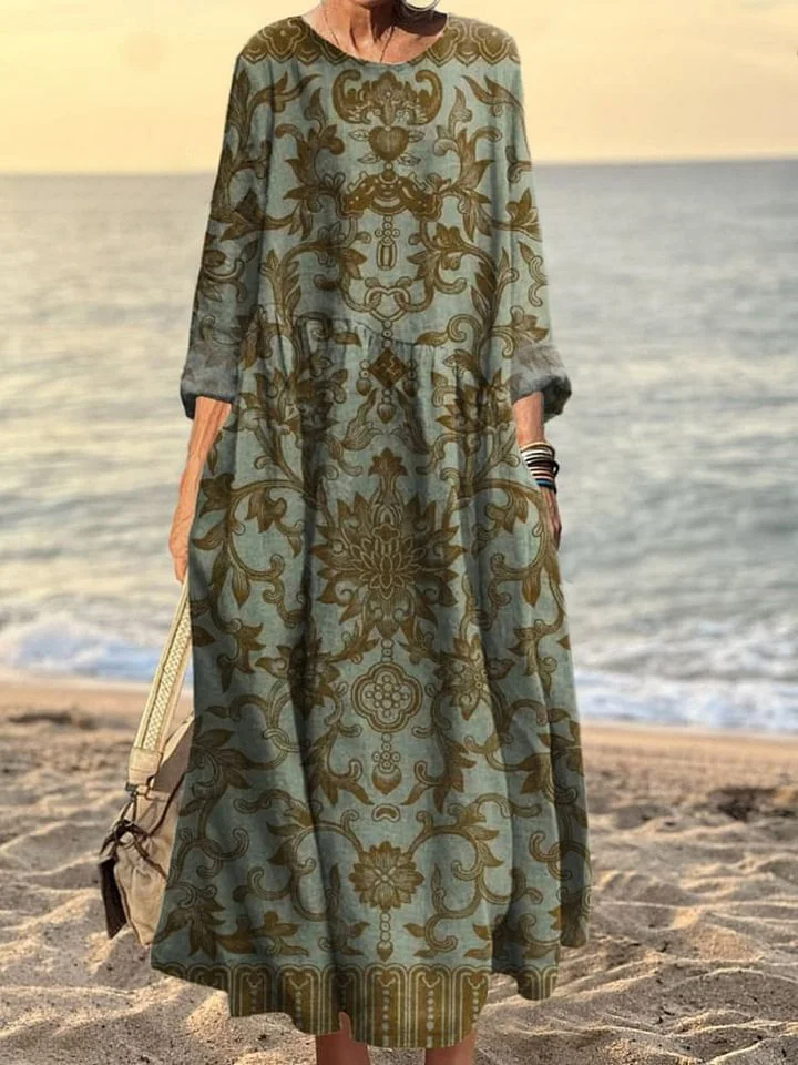 Women's Vintage Floral Art Print Pocket Cotton Dress