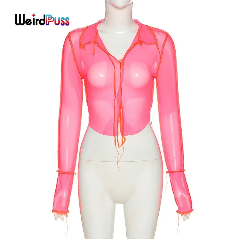 OrangeA sexy mesh v-neck women crop top long sleeve 2021 fashion summer neon color club party wear t shirts see through outfits