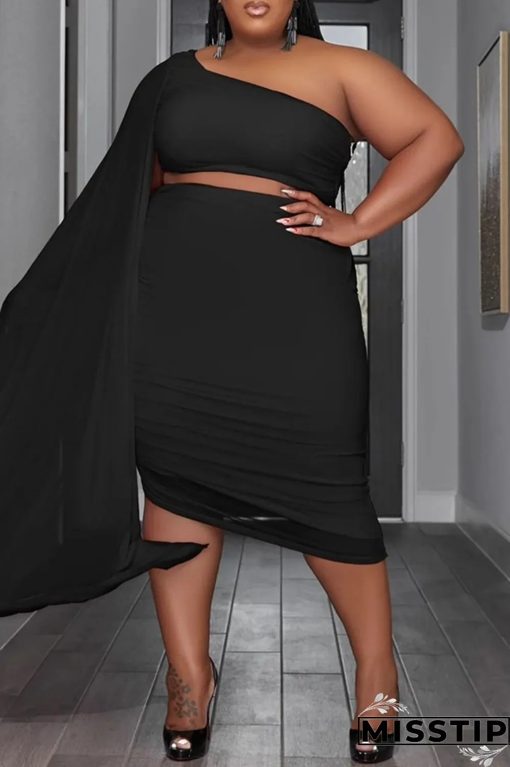 Blue Sexy Solid Patchwork Backless Oblique Collar Plus Size Two Pieces