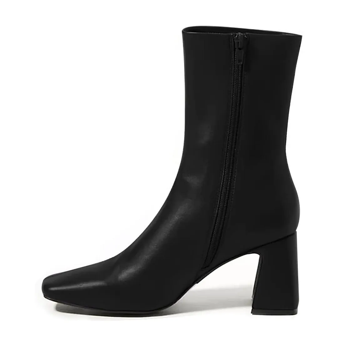 Black Vegan Leather Square Toe Chunky Heel Zipper Mid-Calf Boots