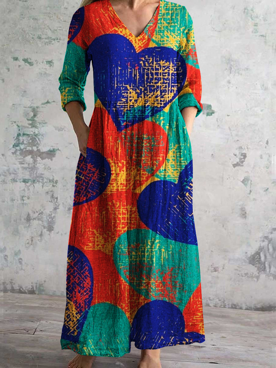Women's V-Neck Vintage Heart Pattern Long Sleeve Dress With Pockets