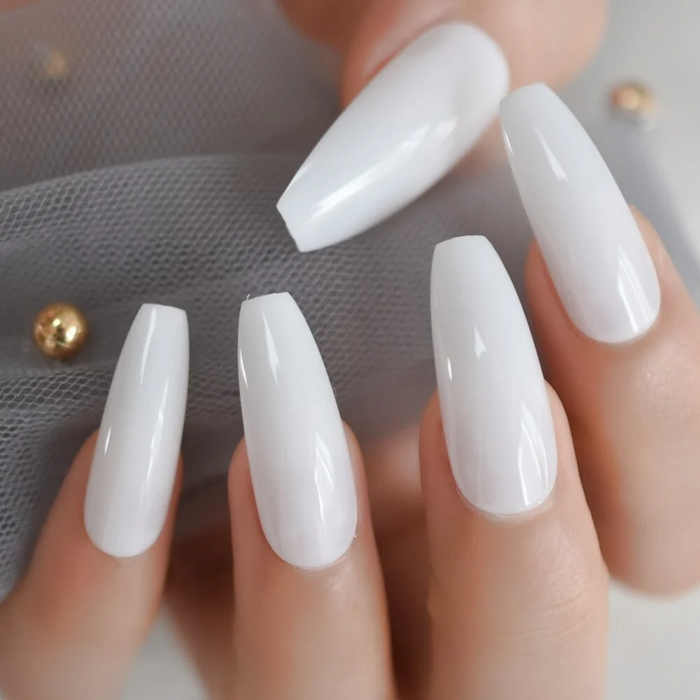 Milk White Long Ballerina Nails Glossry Shiny Pure Color Extra Long Acrylic Nail Tips UV Gel Polish Cover 24