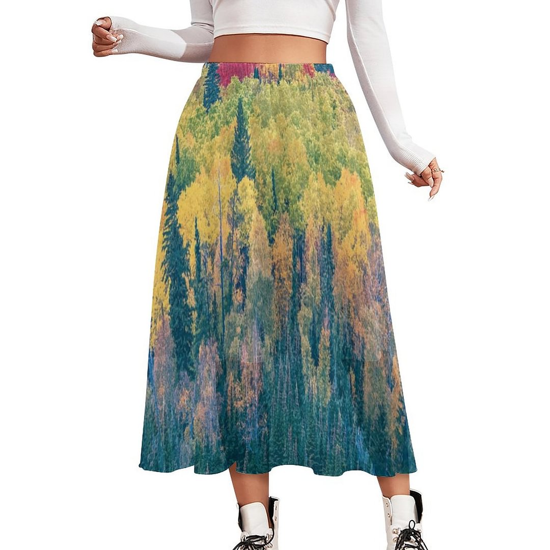 Simple Colorful Forest Trees Acrylic Artwork Women Double-Layered Long Beach Skirt Loose Elastic Waistband Chiffon Maxi Skirts - Neewho