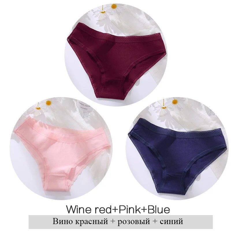 FINETOO Women Cotton Panties Sexy Lace Briefs 3Pcs/set Ladies Low Waist Underpants Comfortable Girls Underwear M-2XL Lingerie