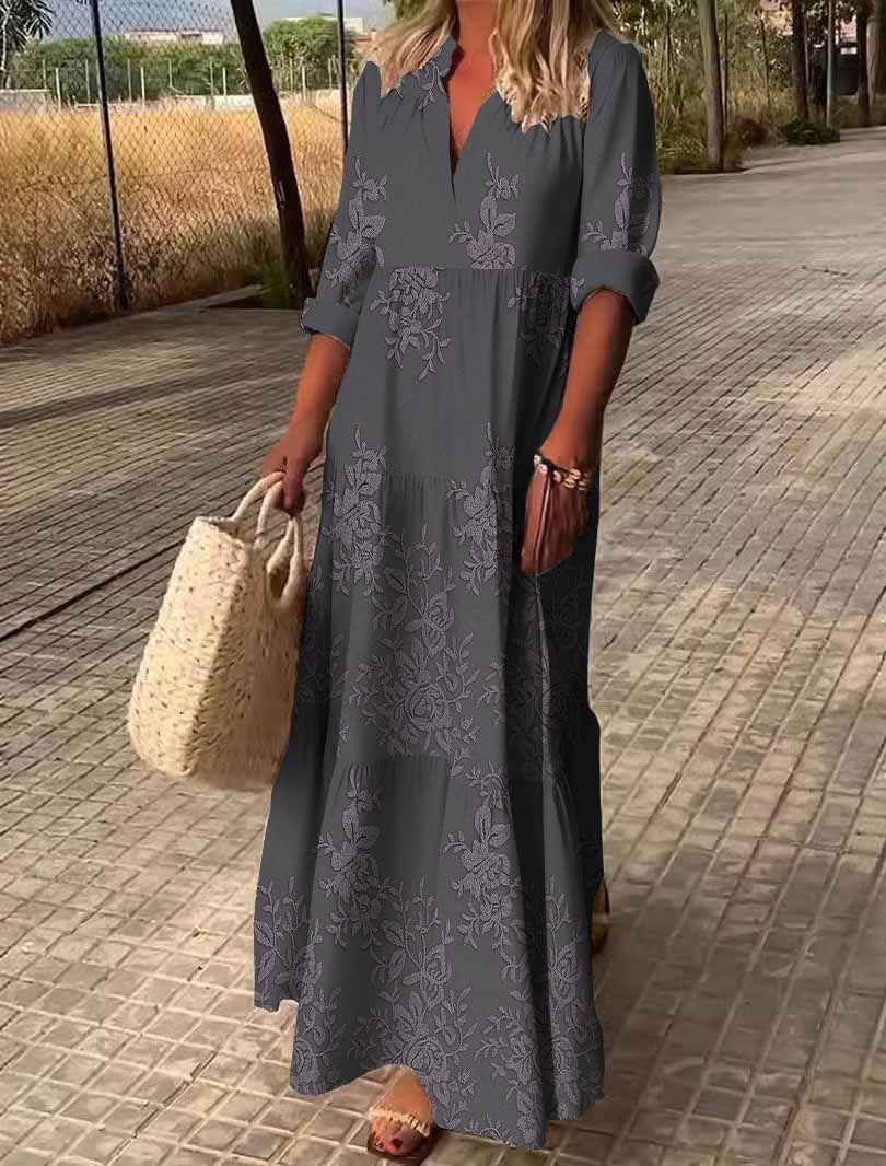 Women Ethnic, Grey, Flowers DZDN0479 SPU Printed Long Sleeve V-neck Maxi Dress