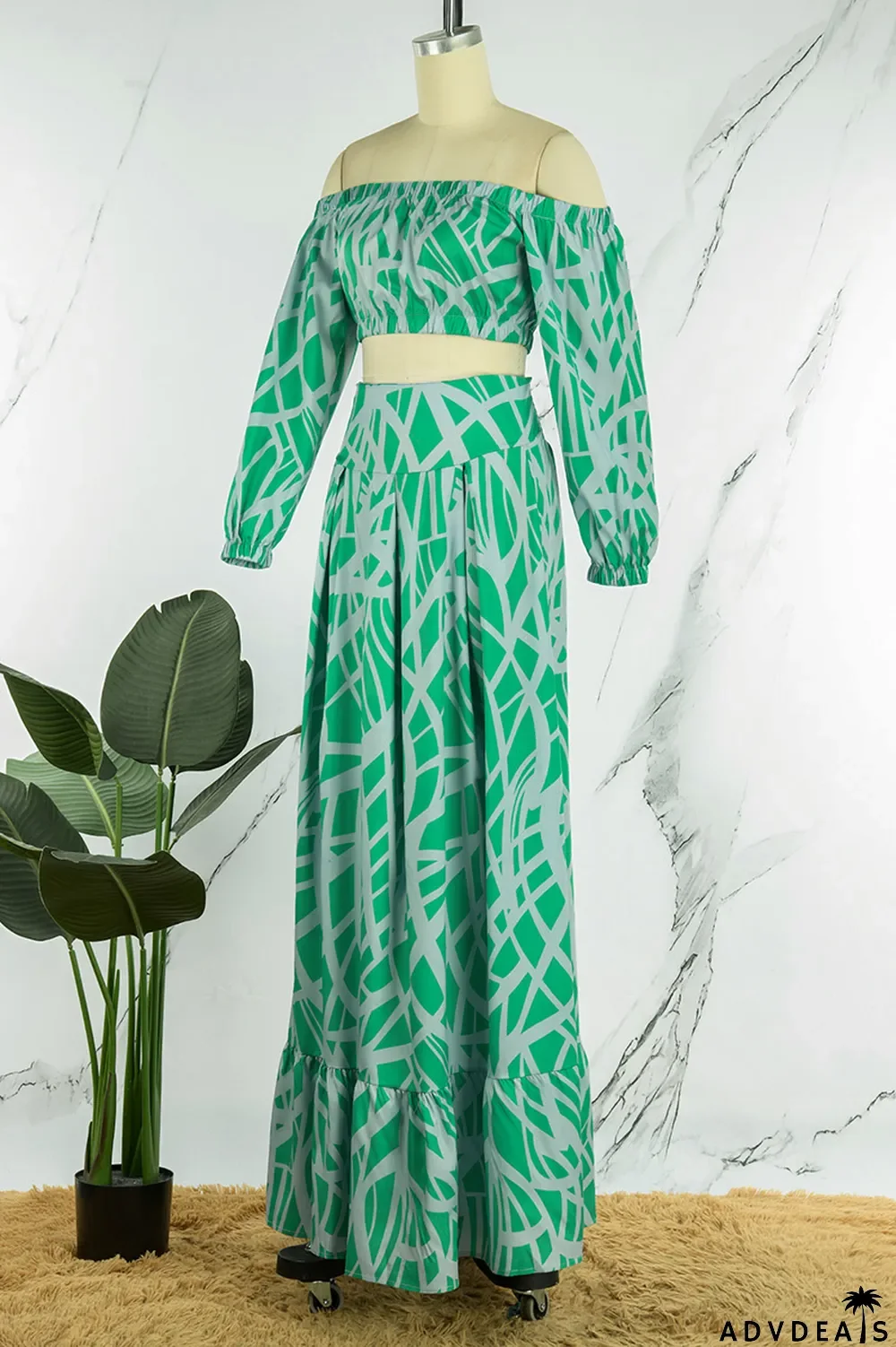 Tangerine Casual Print Patchwork Off the Shoulder Half Sleeve Two Pieces