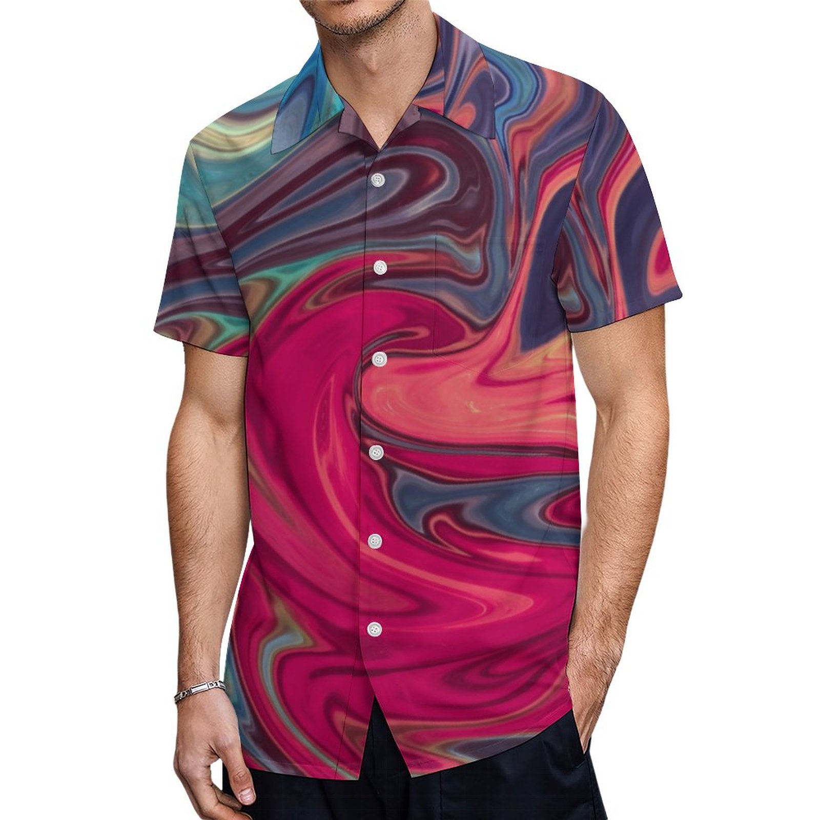 Modern Abstract Blue And Red Liquid Marble Artwork | Men's Tropical Print Hawaiian Beach Vacation Shirt | Seven Miles Shirt Matching Couples Hawaiian Shirts Short Beach Shirt Vacation Resort