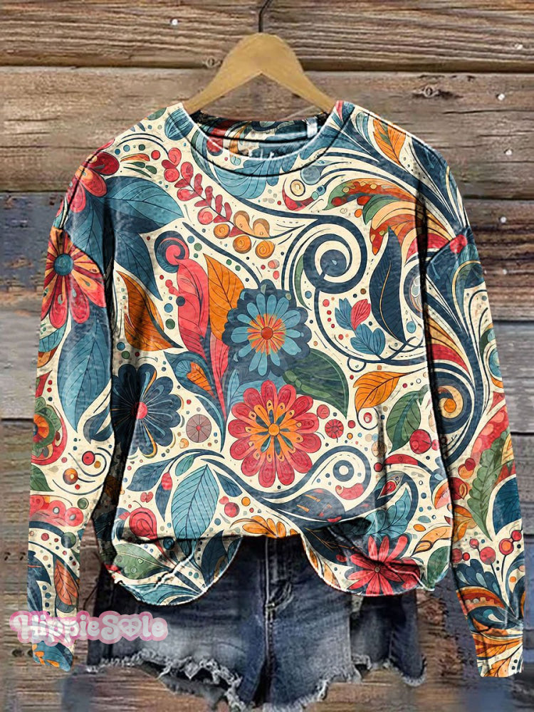 Retro Flowers Art Print Casual Sweatshirt Multicolor / S
