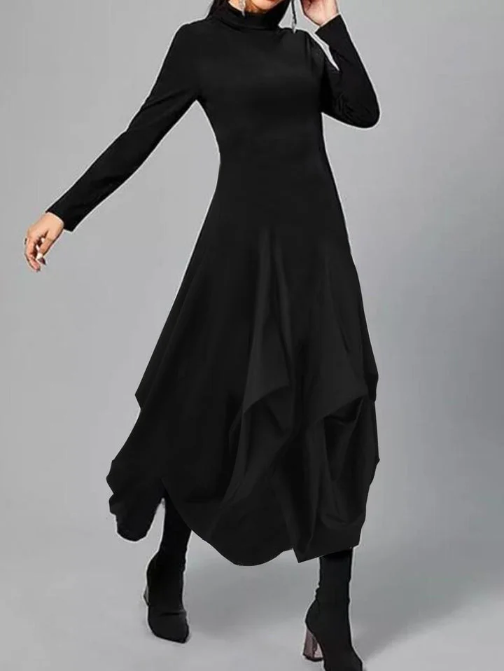 Turtleneck Long Sleeve Asymmetrical Midi Dress