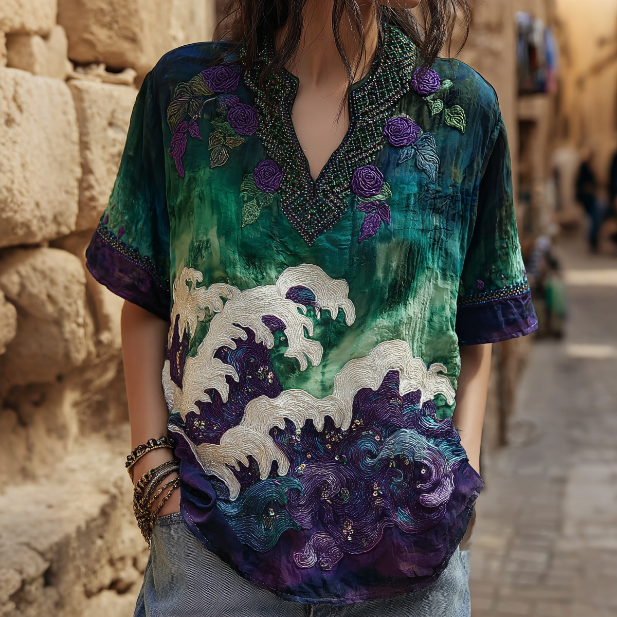 Women's Retro Rose And Wavy Gradient V-neck Shirt elevenforest