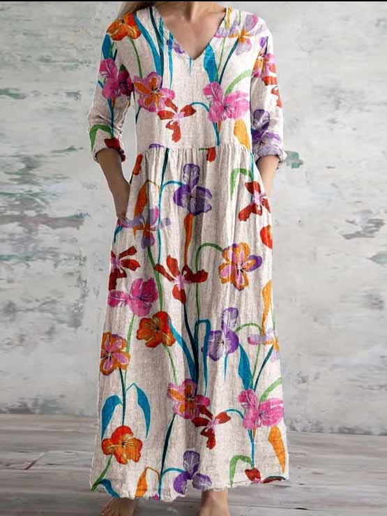 Women's 3/4 Sleeve V-neck Floral Printed Midi Dress
