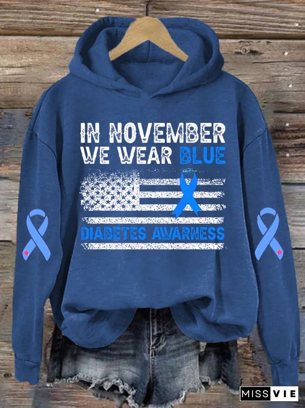 Women's In November We Wear Blue Diabetes Awareness Print Hoodie Long Sleeve Sweatshirt