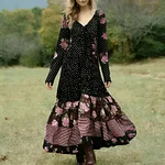 Women's Retro Polka Dot And Rose Floral Pattern Casual Linen V-neck Dress - Image 2