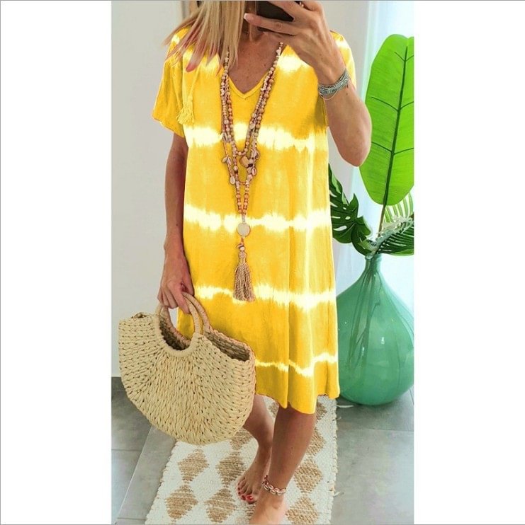 Summer V-neck Smocked Dress With Short Sleeves - Life is Beautiful for You - SheChoic