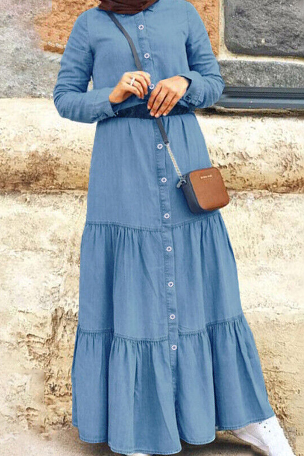 Plus Size Everyday Blue Denim Stand-Up Collar Long Sleeve Button Up Tiered Maxi Dress 2024 - Flycurvy 