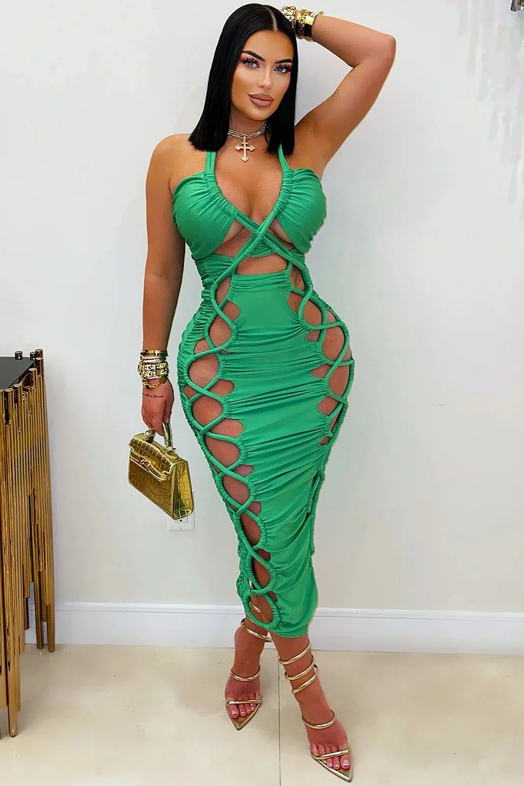Cross Halter Cutout Lace-Up Bodycon Party Maxi Dresses-Khaki