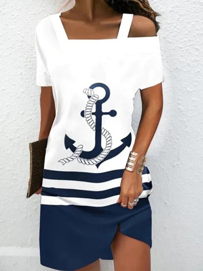 Women's Cold Shoulder Ship Anchor Printed Colorblock Dress