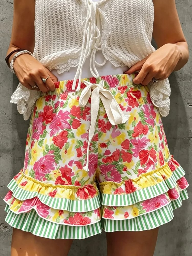 Women's Watercolor Floral Print Tiered Ruffle Hem Shorts
