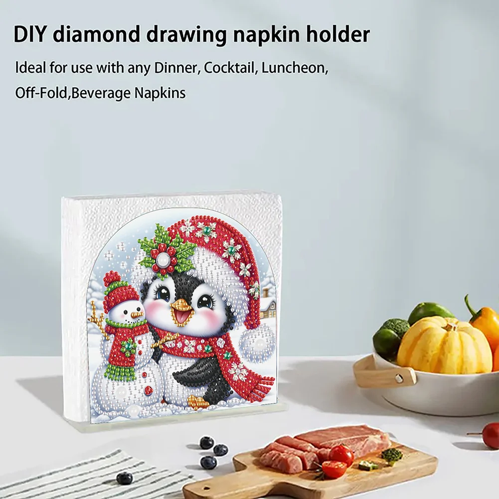 5D DIY Christmas Penguin Snowman Acrylic Diamond Art Painting Napkin Holder Set