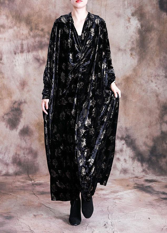 VCSHOES v neck velour Tunic Work Outfits black prints long Dresses fall