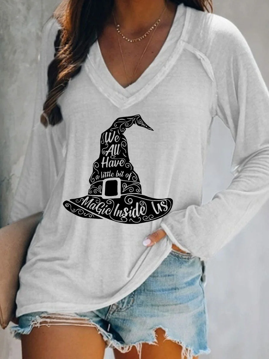 Halloween Witch Hat Long Sleeve V-neck T-shirt