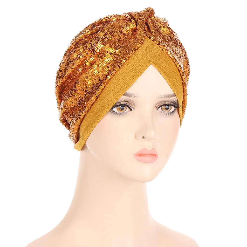 Women's Sequins Stitching Muslim Turban Hat Cap