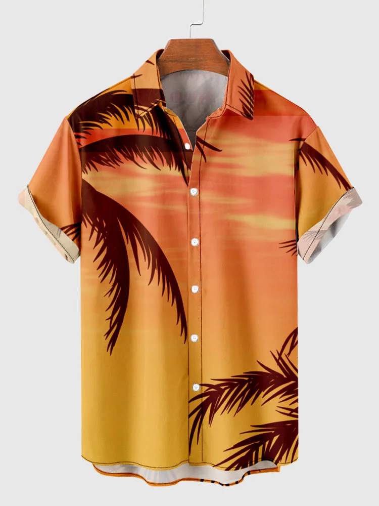 Full-Print Burning Nightfall and Coconut Trees Printing Men's Short Sleeve Shirt