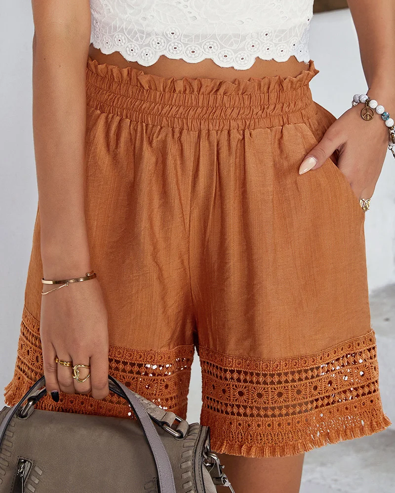 Lace Stitching Hollow Short Casual Wide-leg Pants
