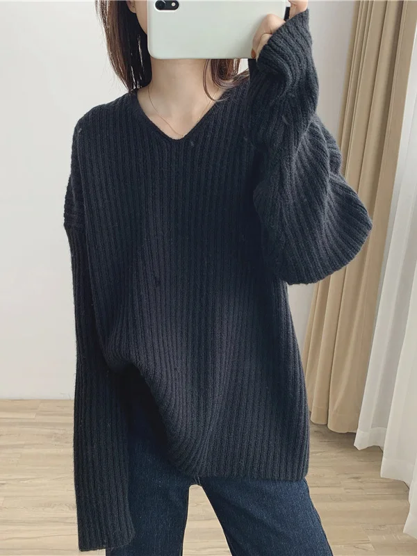 Casual Long Sleeves Loose Solid Color V-Neck Sweater Tops