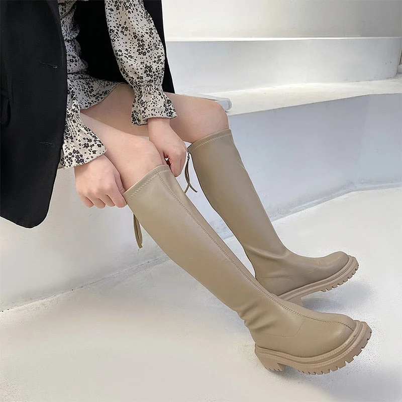 Women's Long Boots Soft PU Leather Autumn Shoes Thick Soled Platform Fashion Ladies Knee High Boots 2021 Solid Color Female Boot