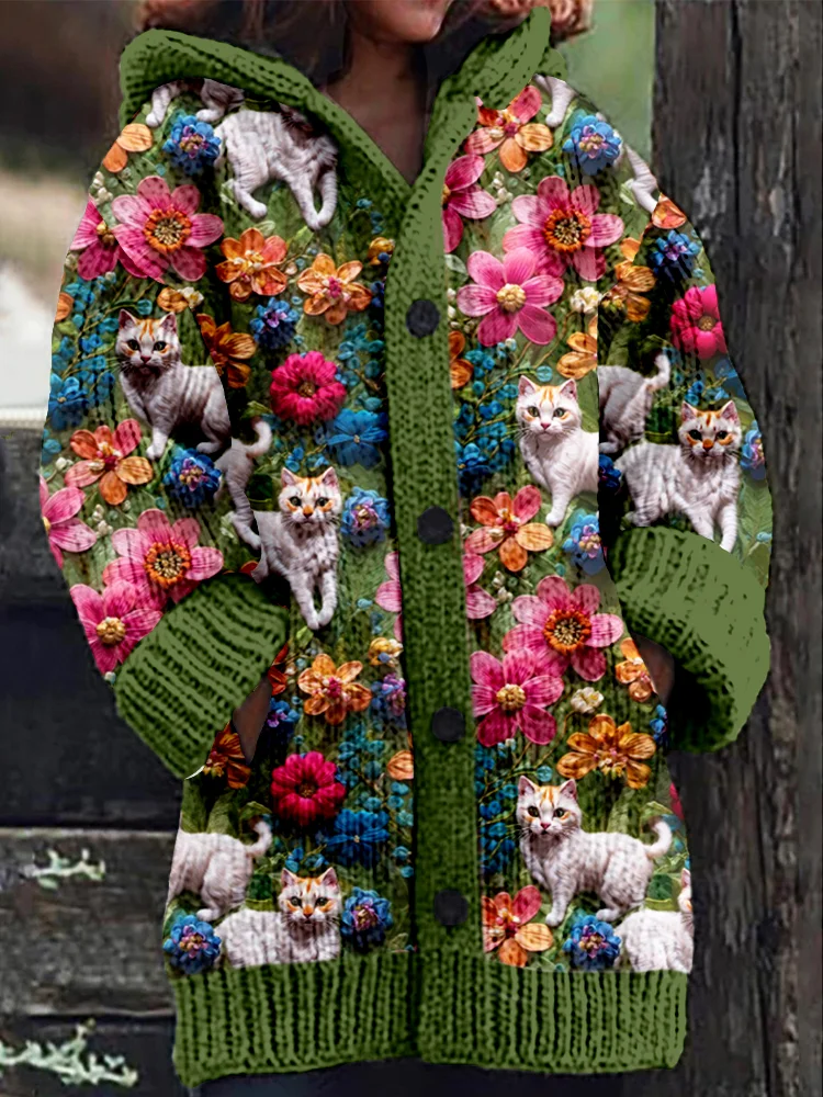 Cats And Flowers Embroidered Cozy Hooded Cardigan