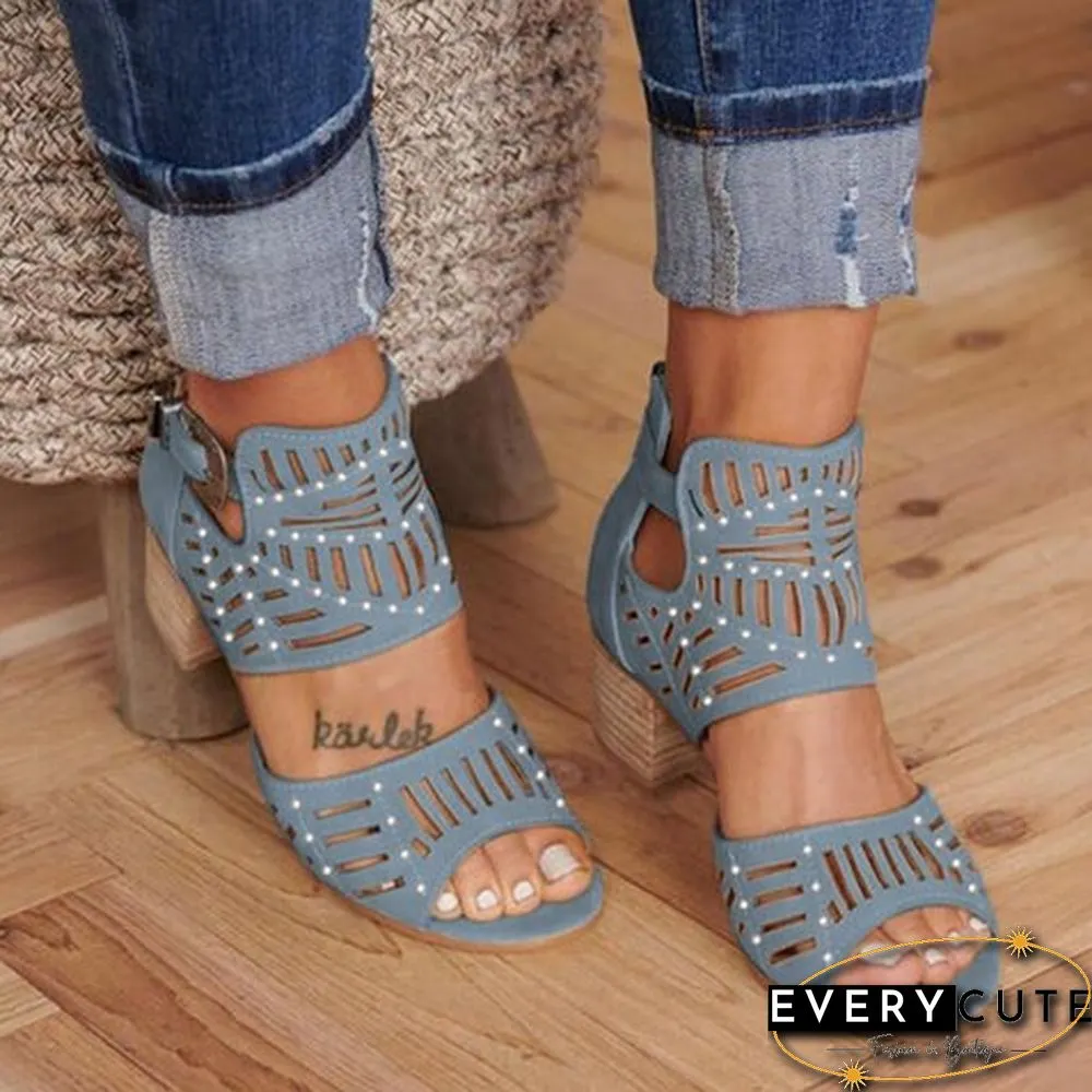 Womens Sandals-Summer High Heels Crystal Mid Heel Slip-On Buckle Ladies Shoes Peep Toe