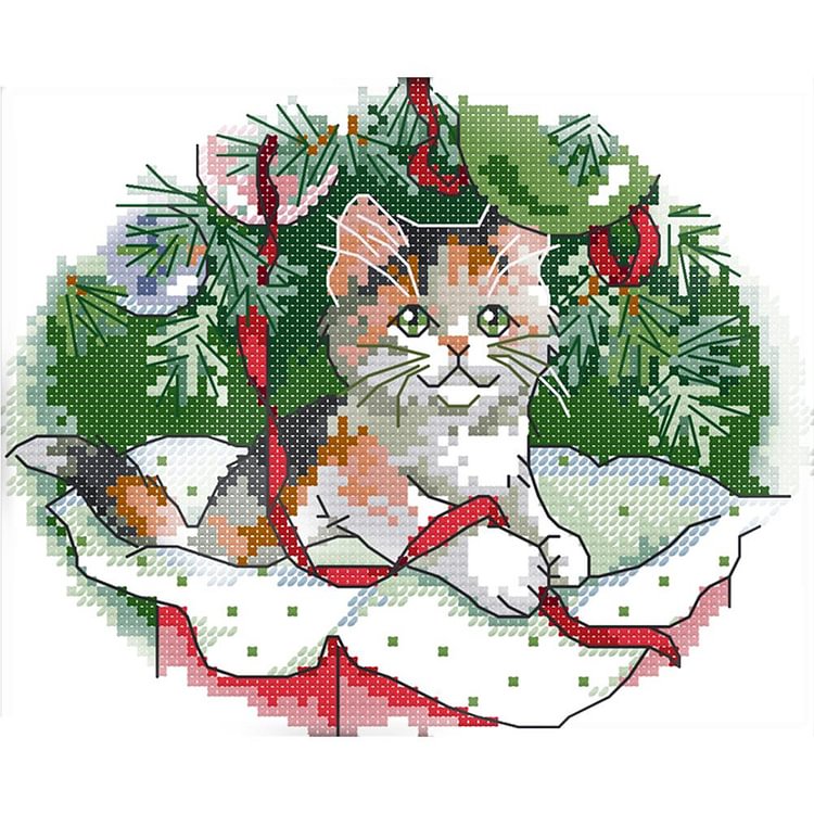 Joy Sunday - Christmas Cat - 14CT 2 Strands Threads Printed Cross Stitch Kit - 20x17cm(Canvas)