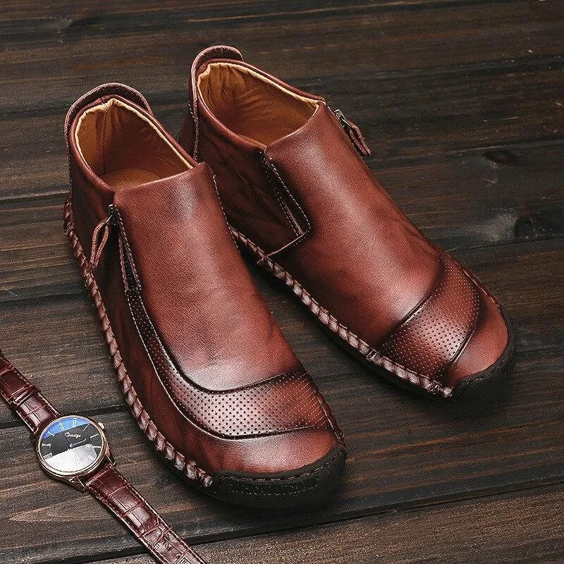 MEN LEATHER HAND STITCHING SIDE ZIPPER COMFY SOFT ANKLE BOOTS