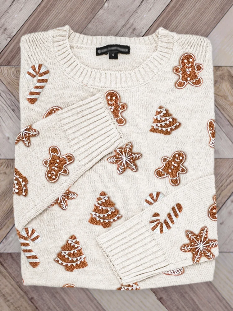 VChics Christmas Gingerbread Cookies Embroidered Cozy Knit Sweater