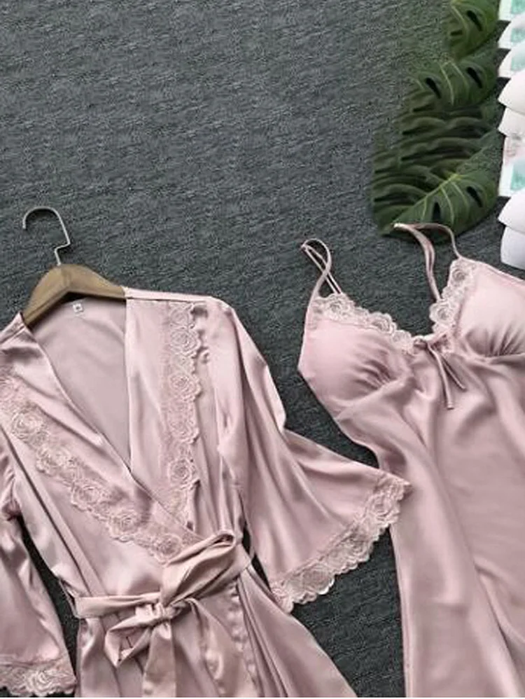 Lace Trim Flare Sleeve Pajamas Cardigan & Inside Dress 2 Pcs Set